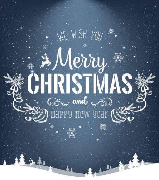 Χριστούγεννα και Πρωτοχρονιά τυπογραφικά σε σκούρο φόντο με χειμερινό τοπίο με νιφάδες χιονιού, φως, αστέρια. Χριστουγεννιάτικη κάρτα. Εικονογράφηση διάνυσμα — Διανυσματικό Αρχείο