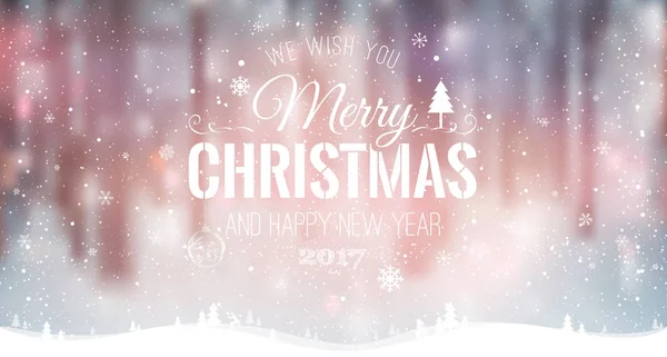 Vrolijk kerstfeest en Nieuwjaar typografisch op vakantie achtergrond met winterlandschap met sneeuwvlokken, licht, sterren. Vector Illustratie. Kerstkaart — Stockvector