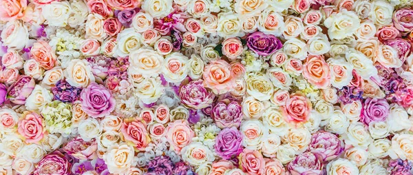 Fondo de pared de flores con increíbles rosas rojas y blancas, decoración de la boda, hecho a mano. Tonificación — Foto de Stock