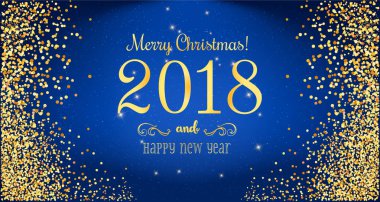 Noel 2018 ve yeni yıl altın havai fişek ile mavi arka plan yazım. Noel kartı. Vektör çizim