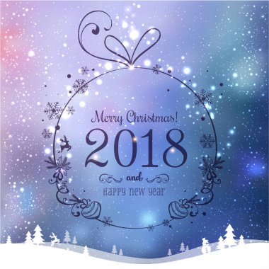 Neşeli Noel 2018 ve yeni yıl için parlak Noel top ışık, yıldız, kar taneleri ile güzel arka plan üzerinde. Tatil kartı. Vektör eps çizim