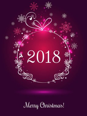 Işık, yıldız, kar taneleri kırmızı zemin üzerine parlak Noel top Merry Christmas 2018 ve yeni yıl için. Tatil kartı. Vektör eps çizim