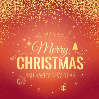 Noel ve yeni yıl altın havai fişek kırmızı zemin üzerine yazım. Noel kartı. Vektör çizim