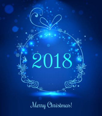 Neşeli Noel 2018 ve yeni yıl için parlak Noel top ışık, yıldız, kar taneleri ile mavi arka plan üzerinde. Tatil kartı. Vektör eps çizim