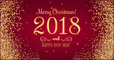 Noel 2018 ve yeni yıl altın havai fişek kırmızı zemin üzerine yazım. Noel kartı. Vektör çizim