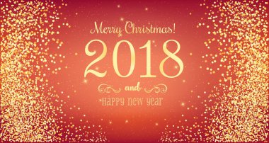 Noel 2018 ve yeni yıl altın havai fişek kırmızı zemin üzerine yazım. Noel kartı. Vektör çizim