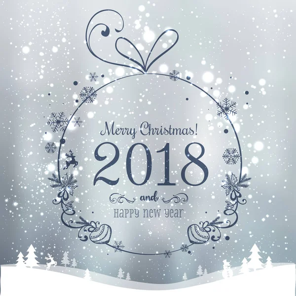 Bola de Natal brilhante para Feliz Natal 2018 e Ano Novo no fundo de férias com paisagem de inverno com flocos de neve, luz, estrelas. Ilustração vetorial. Cartão de Natal —  Vetores de Stock
