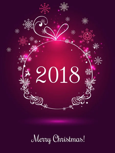 Işık, yıldız, kar taneleri kırmızı zemin üzerine parlak Noel top Merry Christmas 2018 ve yeni yıl için. Tatil kartı. Vektör eps çizim