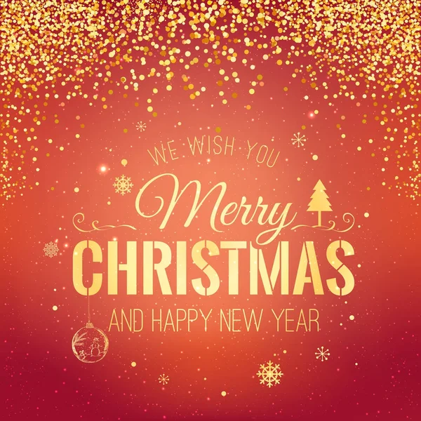 Navidad y Año Nuevo tipográfico sobre fondo rojo con fuegos artificiales de oro. Tarjeta de Navidad. Ilustración vectorial — Vector de stock