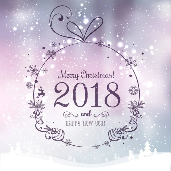 Bola de Natal brilhante para Feliz Natal 2018 e Ano Novo no fundo de férias com paisagem de inverno com flocos de neve, luz, estrelas. Ilustração vetorial. Cartão de Natal —  Vetores de Stock