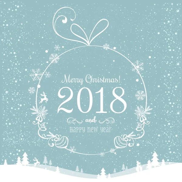Bola de Natal brilhante para Feliz Natal 2018 e Ano Novo em belo fundo com luz, estrelas, flocos de neve. Cartão de Natal. Ilustração do vetor eps —  Vetores de Stock