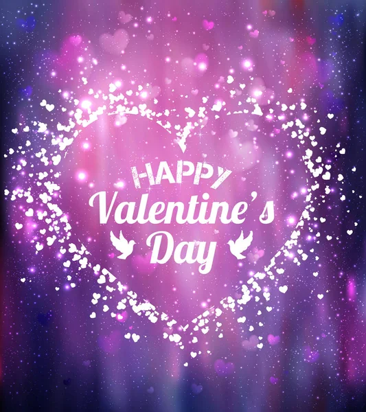 Feliz tarjeta de felicitación del día de San Valentín. Te amo. 14 de febrero. Fondo de vacaciones con corazones, luz, estrellas. Ilustración vectorial . — Archivo Imágenes Vectoriales