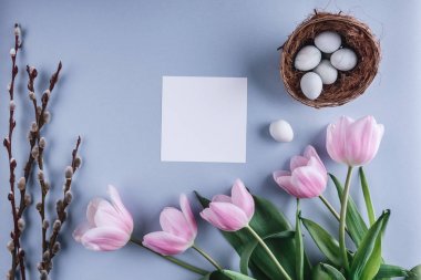 Paskalya yumurta yuva ve Lale çiçek bahar arka plan üzerinde. Üstten Görünüm kopya alanı ile. Mutlu Paskalya kartı.