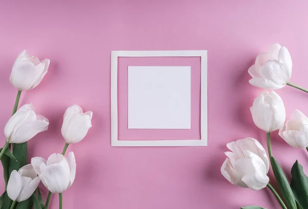 Flores de tulipas brancas em fundo rosa com moldura para letra. À espera da Primavera. Feliz cartão de Páscoa. Deitado plano, vista superior — Fotografia de Stock