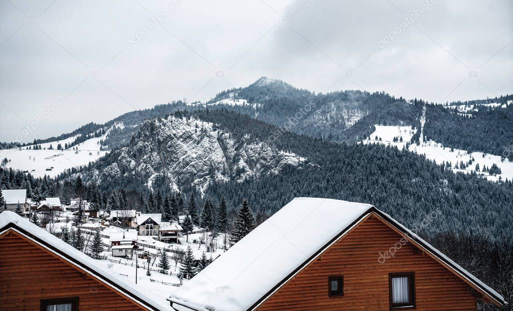 Winter houses on winter mountain landscape with white snowy spruces. Amazing view on snowcovered forested mountain slope. Christmas holiday concept. Carpathian mountains, Europe