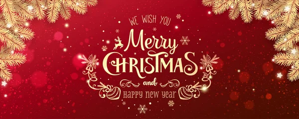 Altın Noel ve yeni yıl baskı ile kış kırmızı Xmas zemin üzerine kar taneleri ile ışık, yıldız peyzaj. Neşeli Noel kartı. Vektör çizim