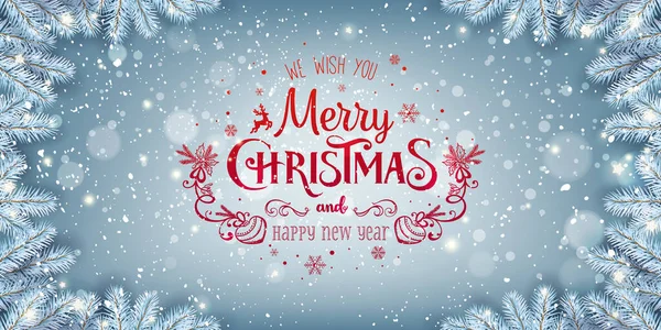 Kırmızı Noel ve Yeni Yıl Metni mavi Xmas arkaplanında karlı köknar dalları, kar taneleri, ışık, yıldızlar. Mutlu noel kartları. Vektör İllüstrasyonu — Stok Vektör