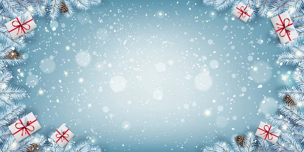 Marco creativo hecho de ramas de abeto nevado de Navidad, cajas de regalo, copos de nieve, luz, estrellas sobre fondo azul. Feliz Navidad y Año Nuevo. Ilustración vectorial, vacaciones de Navidad — Vector de stock