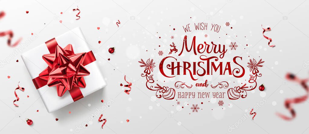 Red Christmas and New Year Text on Xmas background with gift boxes, red ribbon, decoration, sparkles, confetti, bokeh. Merry Christmas card. Vector Illustration, realistic vector