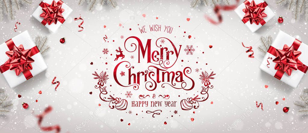 Red Christmas and New Year Text on Xmas background with gift boxes, fir branches, red ribbon, decoration, sparkles, confetti, bokeh. Merry Christmas card. Vector Illustration, realistic vector