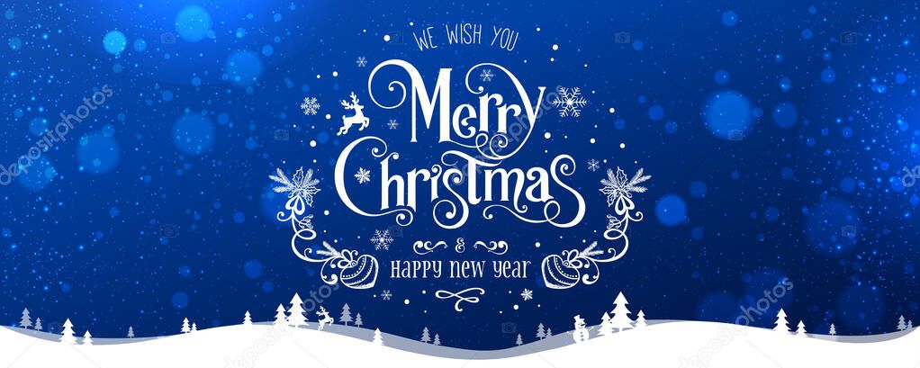 Merry Christmas and New Year text on blue background with winter landscape with snowflakes, light, stars. Xmas card. Vector Illustration, holiday