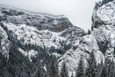 Kışın beyaz, karlı ve görkemli dağlarda. Harika bir kış manzarası. Karla kaplı kaya dağlarının muhteşem manzarası. Seyahat arkaplanı