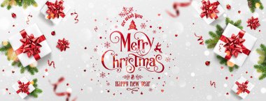 Noel arkaplanda hediye kutuları, köknar dalları, kırmızı kurdele, dekorasyon, ışıltı, konfeti ve bokeh içeren kırmızı Noel ve yeni yıl metinleri. Mutlu noel kartları. Vektör İllüstrasyonu, gerçekçi vektör