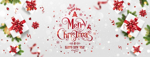 Red Christmas and New Year Text on Xmas background with gift boxes, fir branches, red ribbon, decoration, sparkles, confetti, bokeh. Merry Christmas card. Vector Illustration, realistic vector — Stock Vector