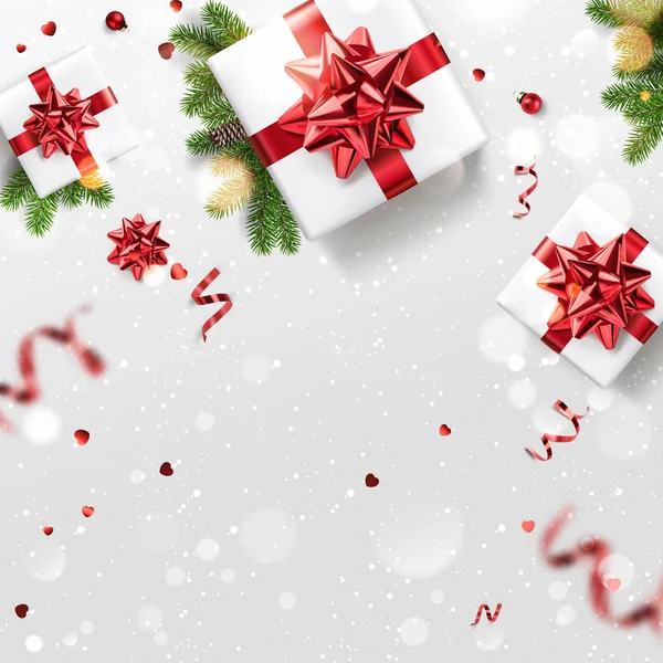 Ezüst karácsonyi fenyő ágak, ajándék doboz piros szalaggal, dekoráció, csillogás, konfetti és bokeh fehér háttérrel. Boldog Karácsonyt és Karácsonyi Kártyát. Boldog új évet, felülnézet, reális vektor — Stock Vector