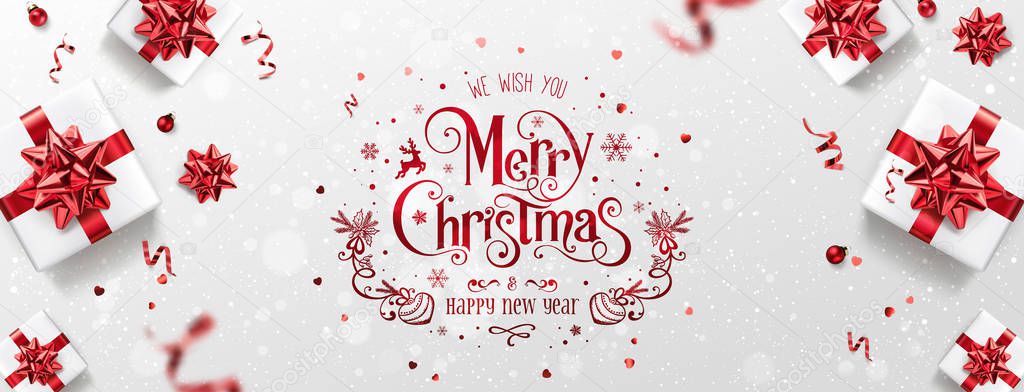 Red Christmas and New Year Text on Xmas background with gift boxes, red ribbon, decoration, sparkles, confetti, bokeh. Merry Christmas card. Vector Illustration, realistic vector