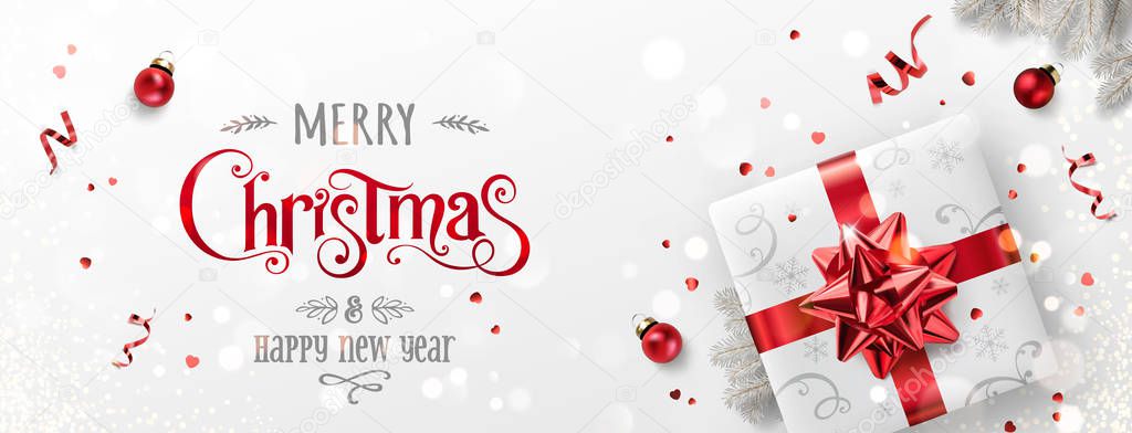 Red Christmas and New Year Text on Xmas background with gift boxes, fir branches, red ribbon, decoration, sparkles, confetti, bokeh. Merry Christmas card. Vector Illustration, realistic vector