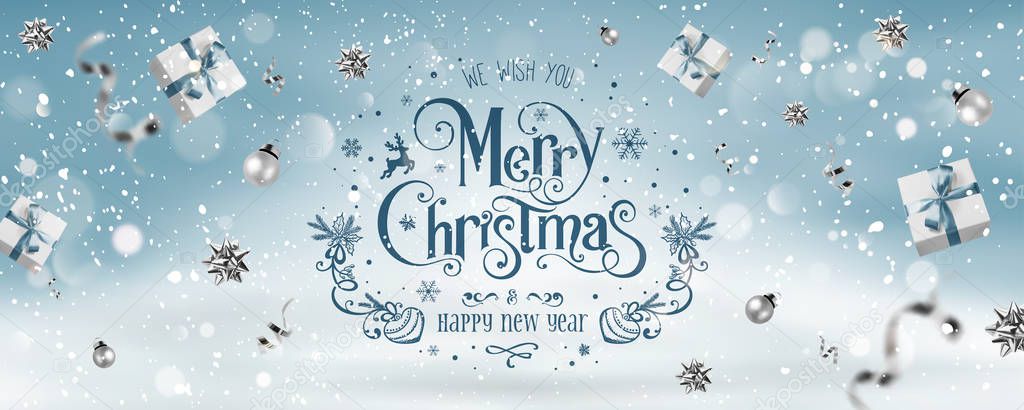 Silver Christmas and New Year Text on blue Xmas background with flying gift boxex, silver ribbon, decoration, sparkles, confetti, bokeh. Merry Christmas card. Vector Illustration, realistic vector