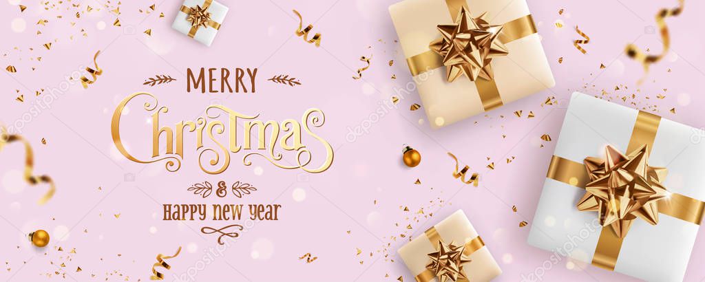 Gold Christmas and New Year Text on pink Xmas background with gift boxes, fir branches, gold ribbon, decoration, sparkles, confetti, bokeh. Merry Christmas card. Vector Illustration, realistic vector