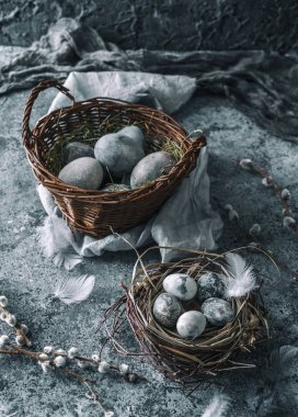 Mavi arka planda hasır sepetli modern Paskalya yumurtaları, kuş tüyü ve bahar çiçekleri. Mutlu Paskalyalar, tonlama