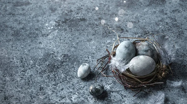 Húsvéti tojás madárfészekben, kék hátterű tollakkal. Kellemes húsvéti ünnepeket! — Stock Fotó