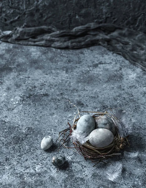 鸟巢中的复活节彩蛋，羽毛为蓝色背景。 复活节快乐 — 图库照片