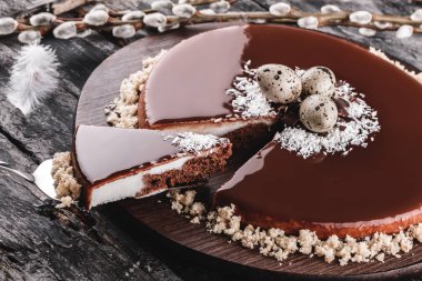 Aynalı Paskalya pastası çikolata, hindistan cevizi, bahar çiçekleri, kırsal arka planda bıldırcın yumurtası. Mutlu Paskalya kutlamaları. Üst görünüm, kapat