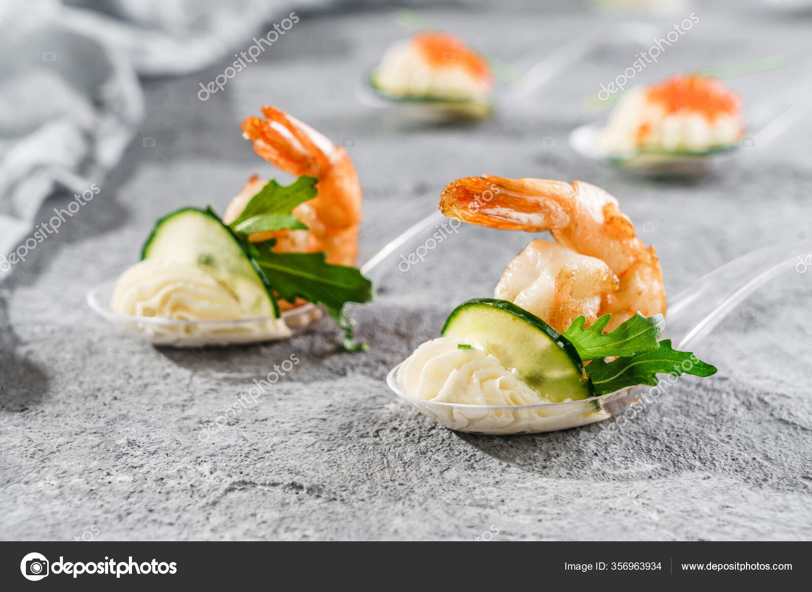 Delicious Appetizers Red Shrimp Cheese Mousse Glass Spoon Grey Banquet Stock Photo Image By C Valentinjukov 356963934