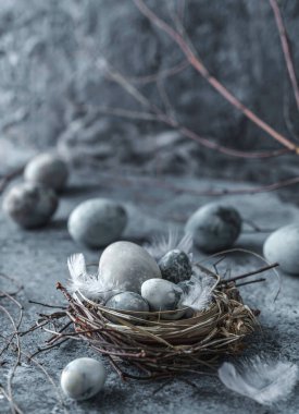 Kuş yuvasında paskalya yumurtaları ve mavi arka planda tüyleri var. Mutlu Paskalyalar, kapatıyoruz.