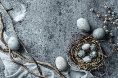 Kuş yuvasında mermer Paskalya yumurtaları, kuş tüyleri ve peçeteli bahar çiçekleri. Mutlu Paskalyalar, üst manzara, düz yatak