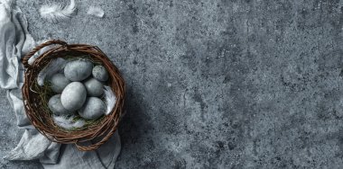 Hasır sepette paskalya yumurtaları, mavi arka planda tüyler ve bahar çiçekleri. Mutlu Paskalyalar, üst manzara, düz yatak