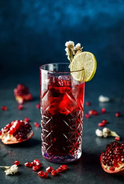 Fresh Pomegranate Cocktail Lime Drink Glass Dark Blue Background Studio — Stock Photo, Image