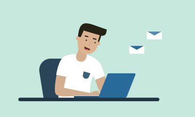 Dizüstü bilgisayar, düz illüstrasyon tasarımı ile oda ofis üzerinde çalışan.