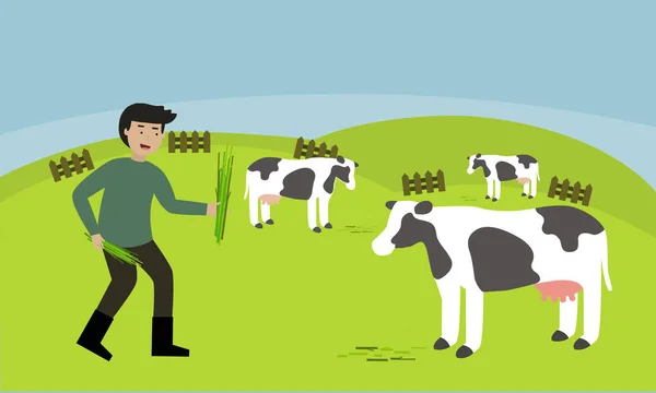 Agricultor Alimentando Pasto Para Vacas Granja Natural — Vector de stock