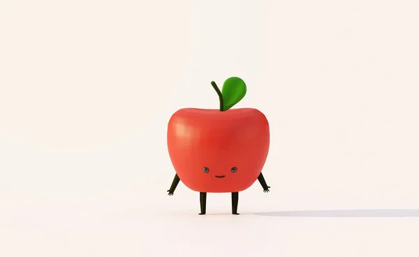 白色背景上的红苹果可爱卡通人物 3D渲染说明 — 图库照片