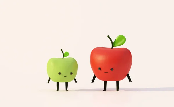 Pomme Rouge Avec Pomme Verte Personnage Dessin Animé Mignon Sur — Photo