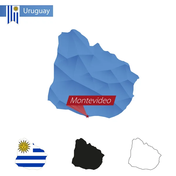 Uruguay azul Low Poly mapa con capital Montevideo . — Archivo Imágenes Vectoriales