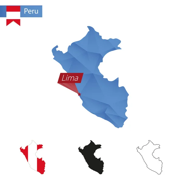 Peru mapa azul Low Poly com capital Lima . —  Vetores de Stock