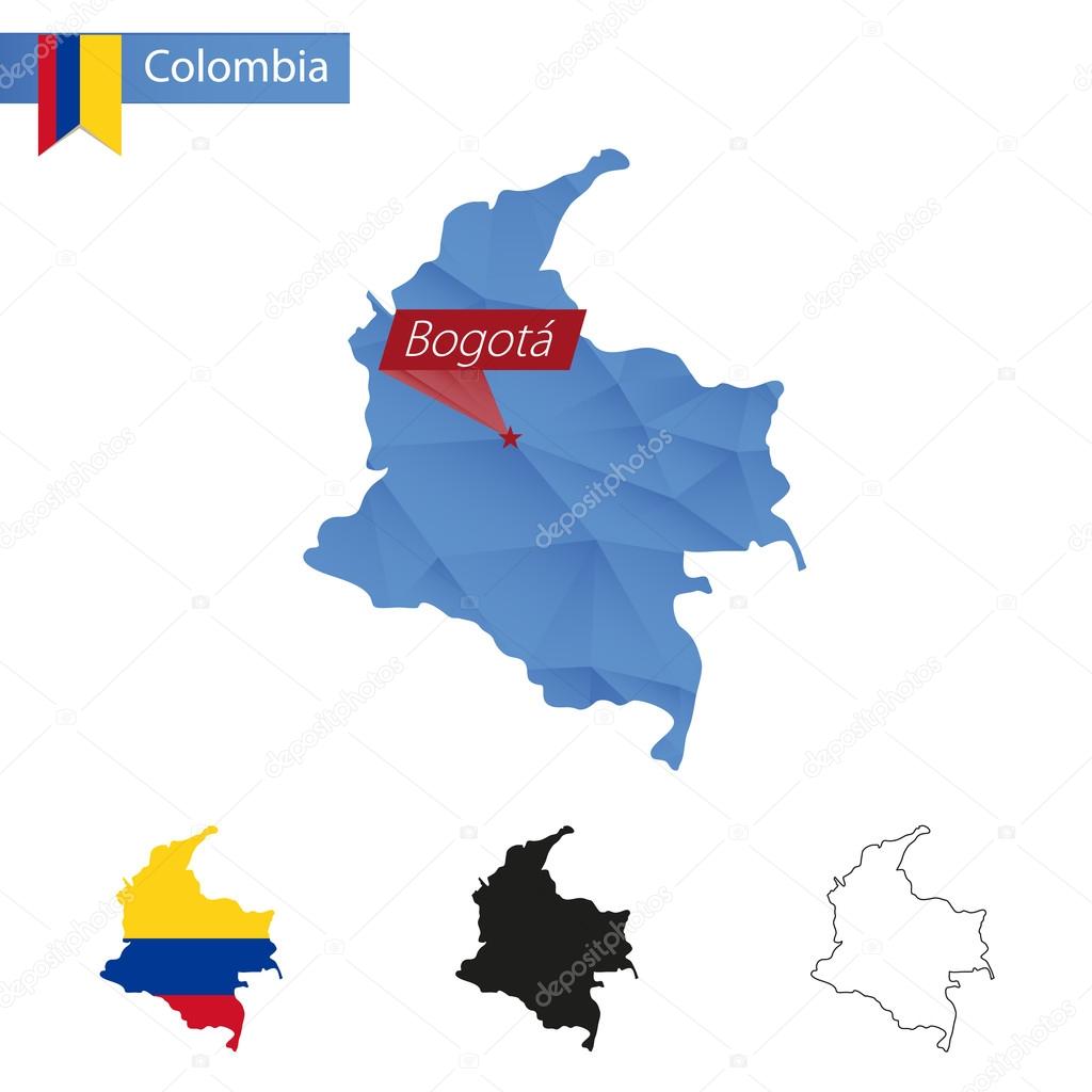 Colombia blue Low Poly map with capital Bogota.