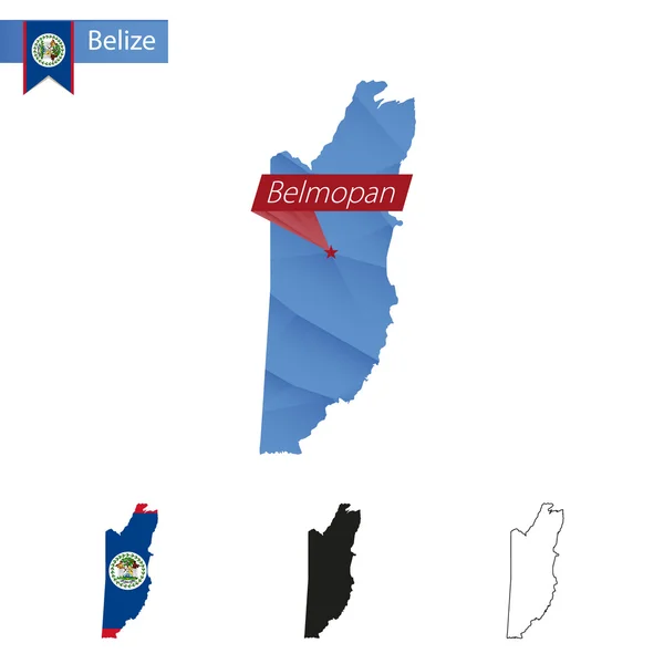 Belize mapa azul Low Poly com capital Belmopan . —  Vetores de Stock